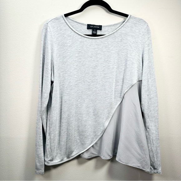 St. John Tops - St. John Heather Gray Viscose and Silk Asymmetrical Top, Beaded Scoop Neck